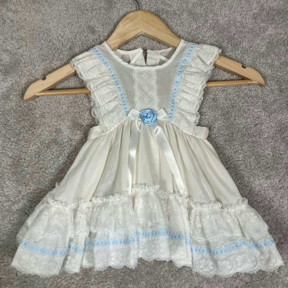 Vintage Mini World White Lace Ruffle Pinafore Dress Blue Ribbon 24 Month 70s 80s